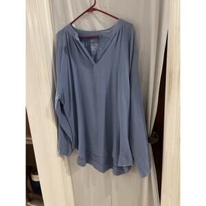 Athleta X Karen Seo Handmade Blue Gauzy Cotton V Neck Raw Hem Tunic Top Sz Xl